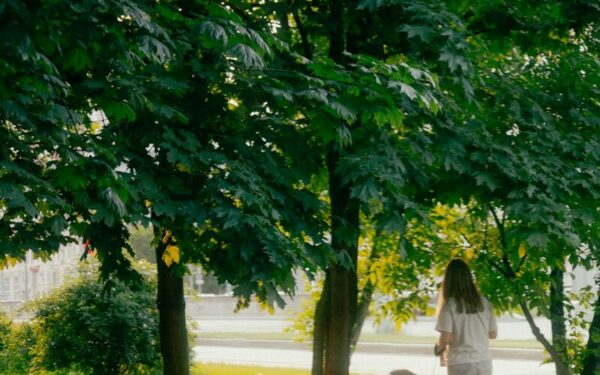 Woman walking a dog on a sunny park path