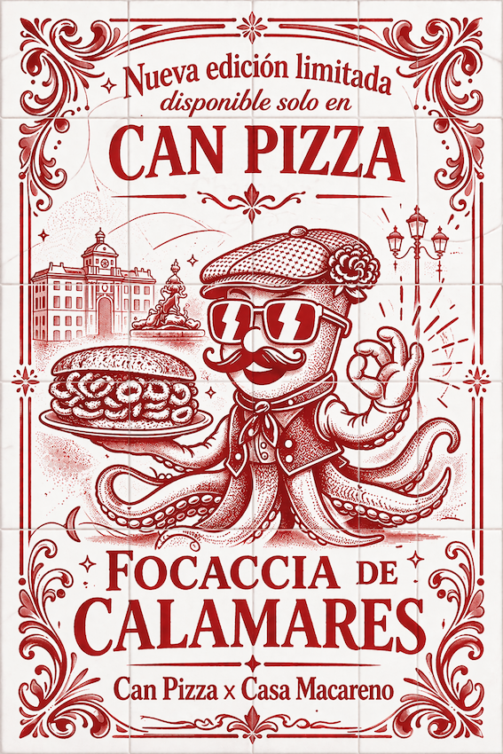 Cartel del evento Can Pizza y Casa Macareno con la focaccia de calamares.